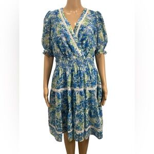 TAYLOR Floral Lace Trim V-Neck Floral Smocked Waist Dress size 8